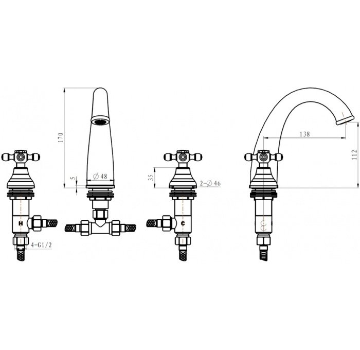 Cмеситель для умывальника на 3 отверстия BOHEME Royal Cristal 297-Royal/CRST-black