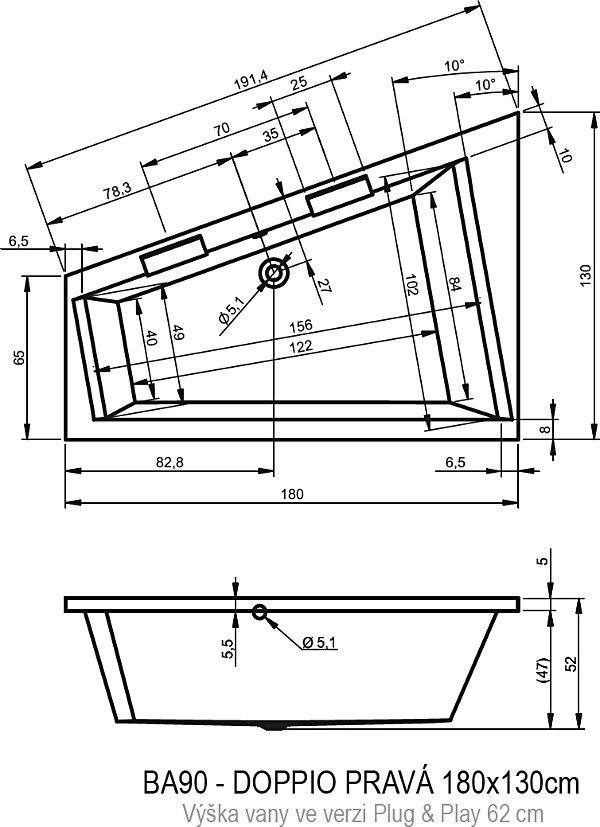 Ванна акриловая RIHO DOPPIO R PLUG & PLAY 180x130 BD4400500000000