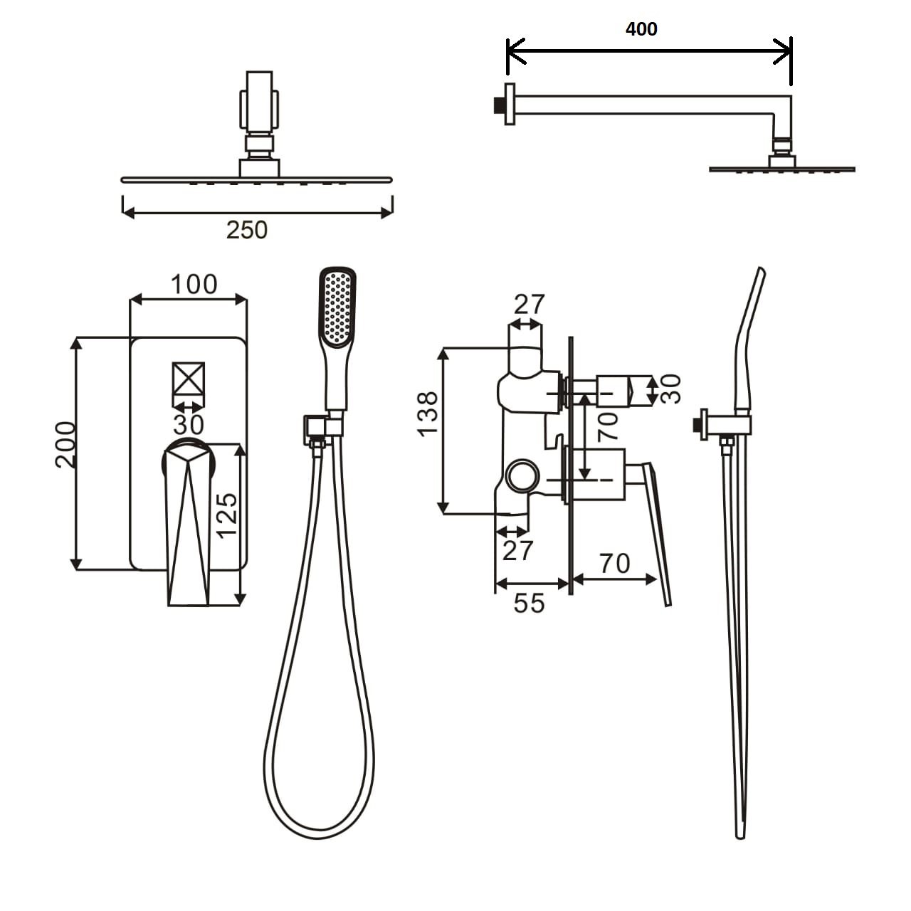 Смеситель встроенный с верхним и ручным душем Boheme 374-SGM