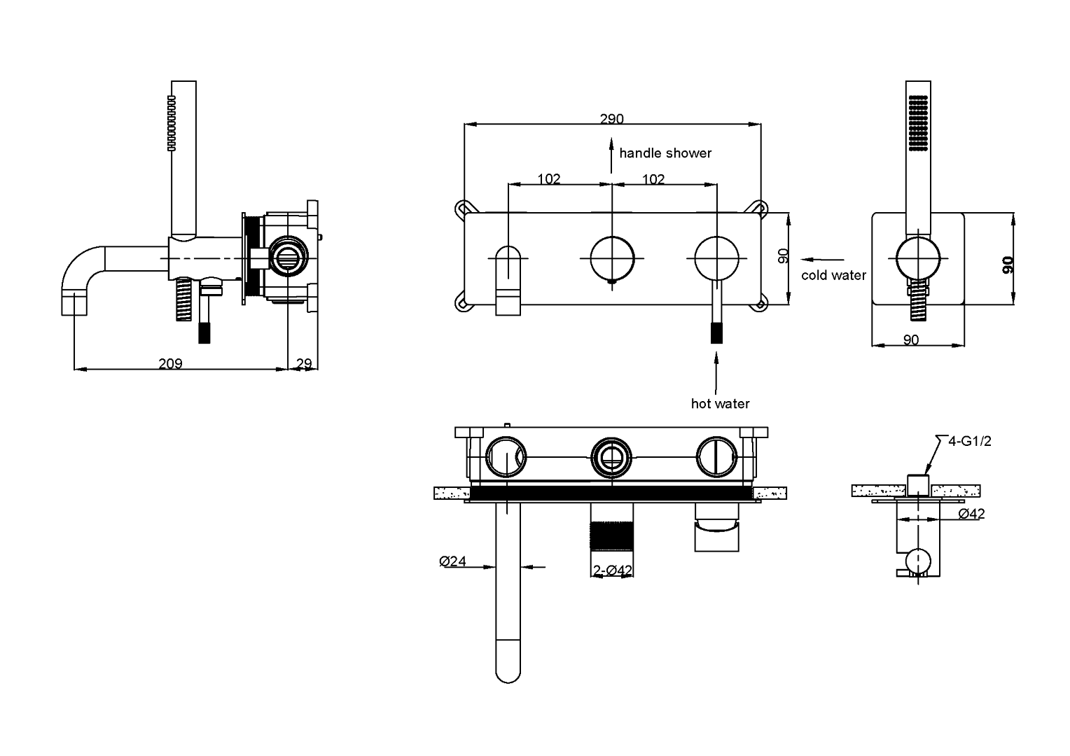 Смеситель встраеваемый с ручным душем и изливом  Boheme UNO 464-3-B черный