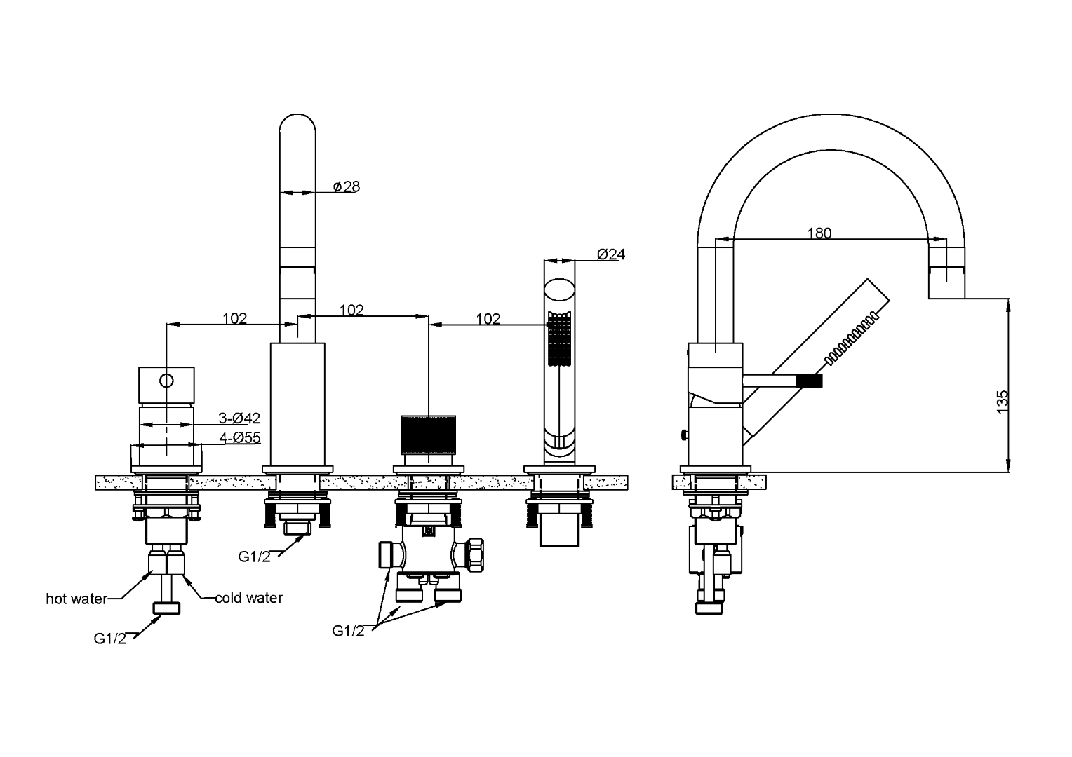 Смеситель врезной на борт ванны  Boheme UNO 460-SGM Gun metal