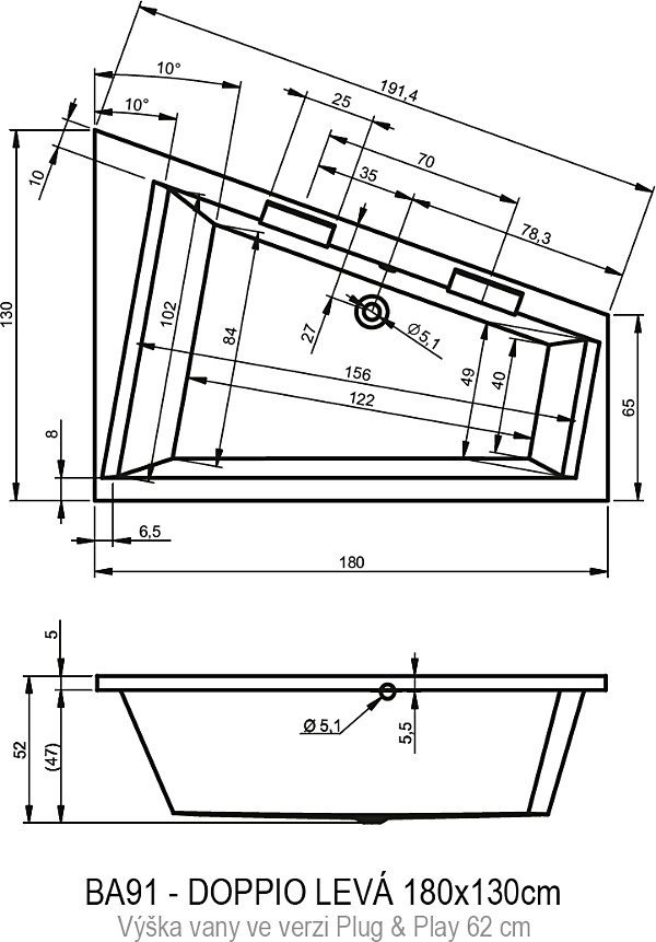 Ванна акриловая RIHO DOPPIO L PLUG & PLAY 180x130 BD4500500000000
