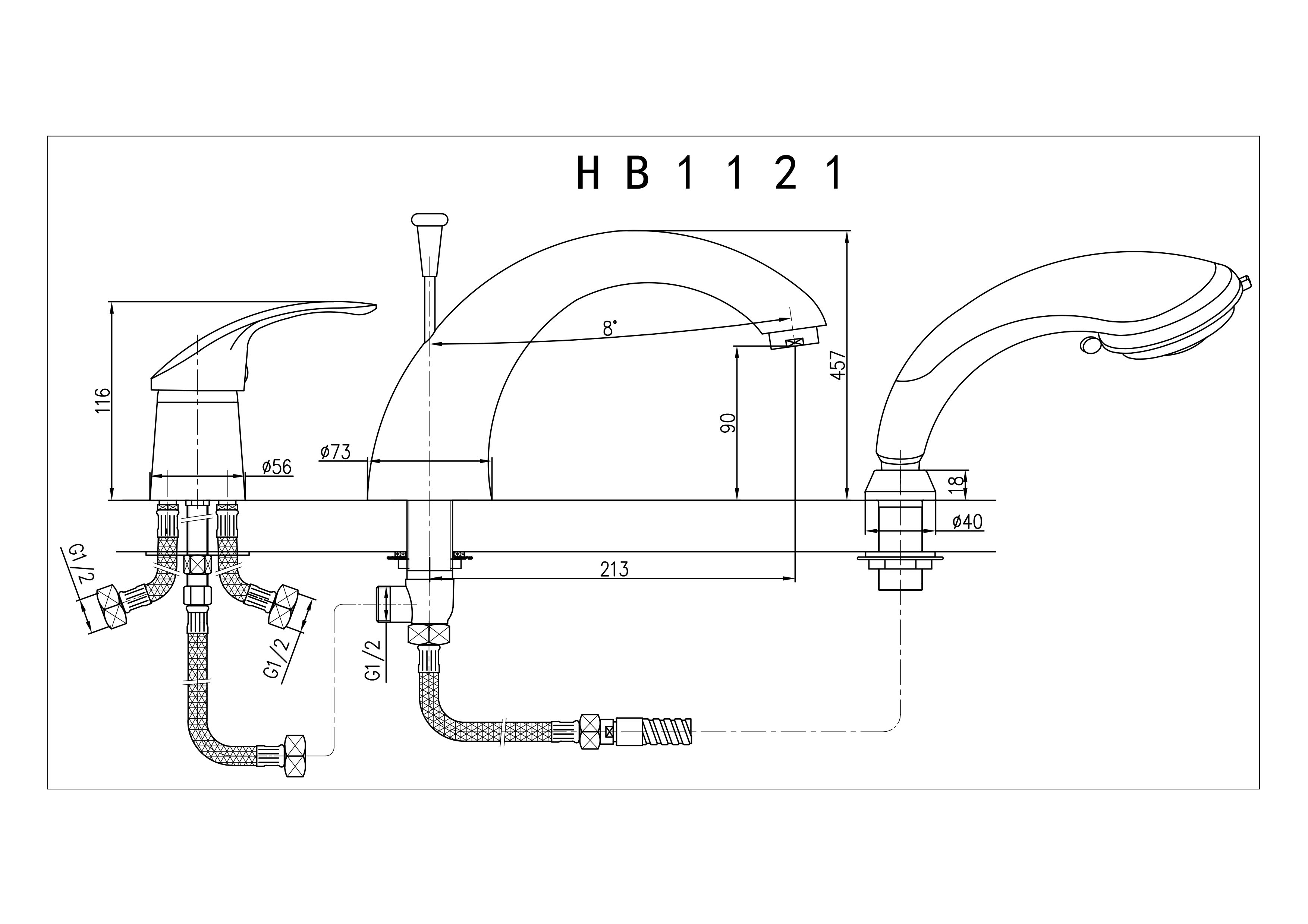 Смеситель однорычажный врезной на 3 отверстия для акриловых ванн HAIBA HB1121 Хром