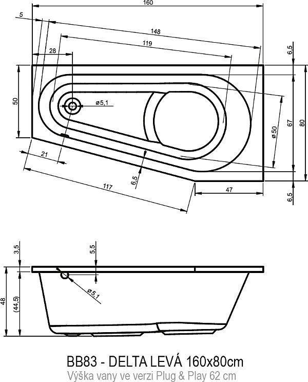 Ванна акриловая RIHO DELTA L PLUG & PLAY 160x80 BD4300500000000