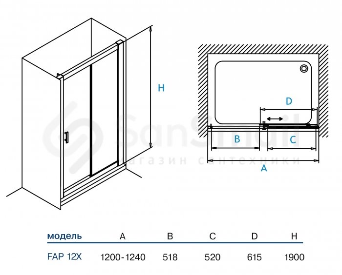 Душевые двери раздвижные 120х190 Koller Pool FAP12X профиль хром стекло прозрачное