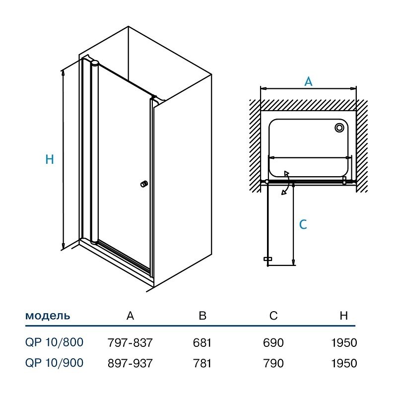 Душевые двери 1-секционная Koller Pool QP10 90х195 профиль хром стекло прозрачное