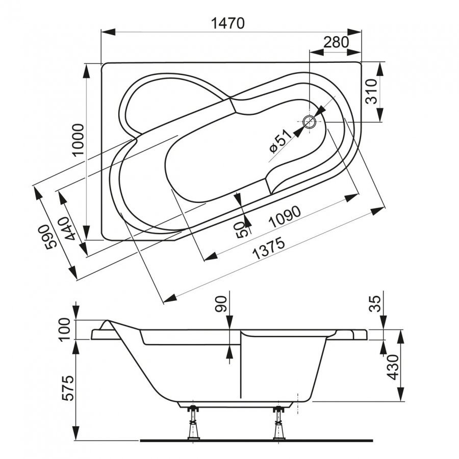 Акриловая ванна VAGNERPLAST SELENA 147x100 Right