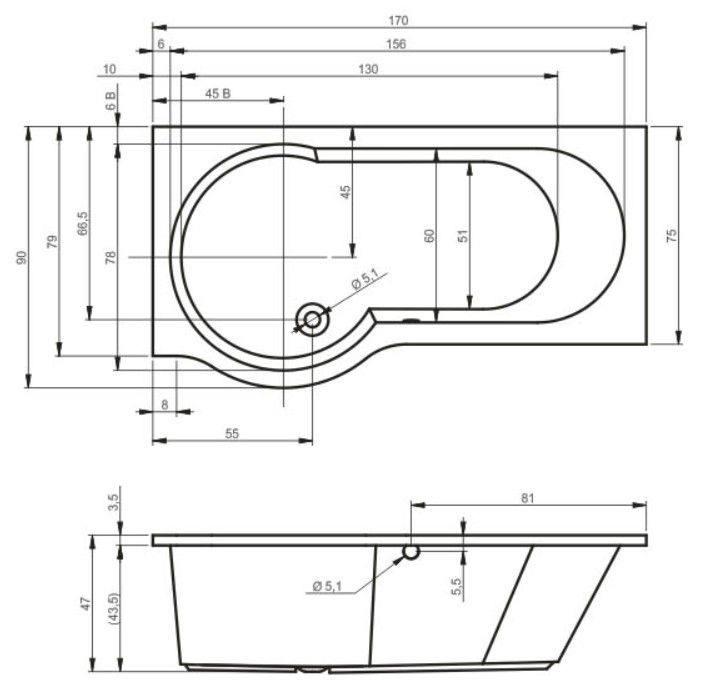 Ванна акриловая RIHO DORADO R 170x75 BA8000500000000