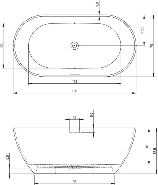 Овальная ванна из искусственного камня Riho Bilbao 150x75 белая BS1200500000000