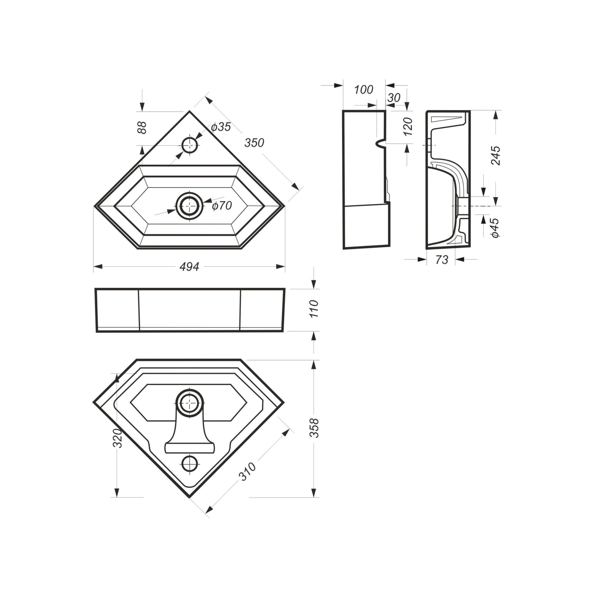 Раковина угловой 49,5x35,8 см Sanita luxe Line LIN35SLWB01 белый