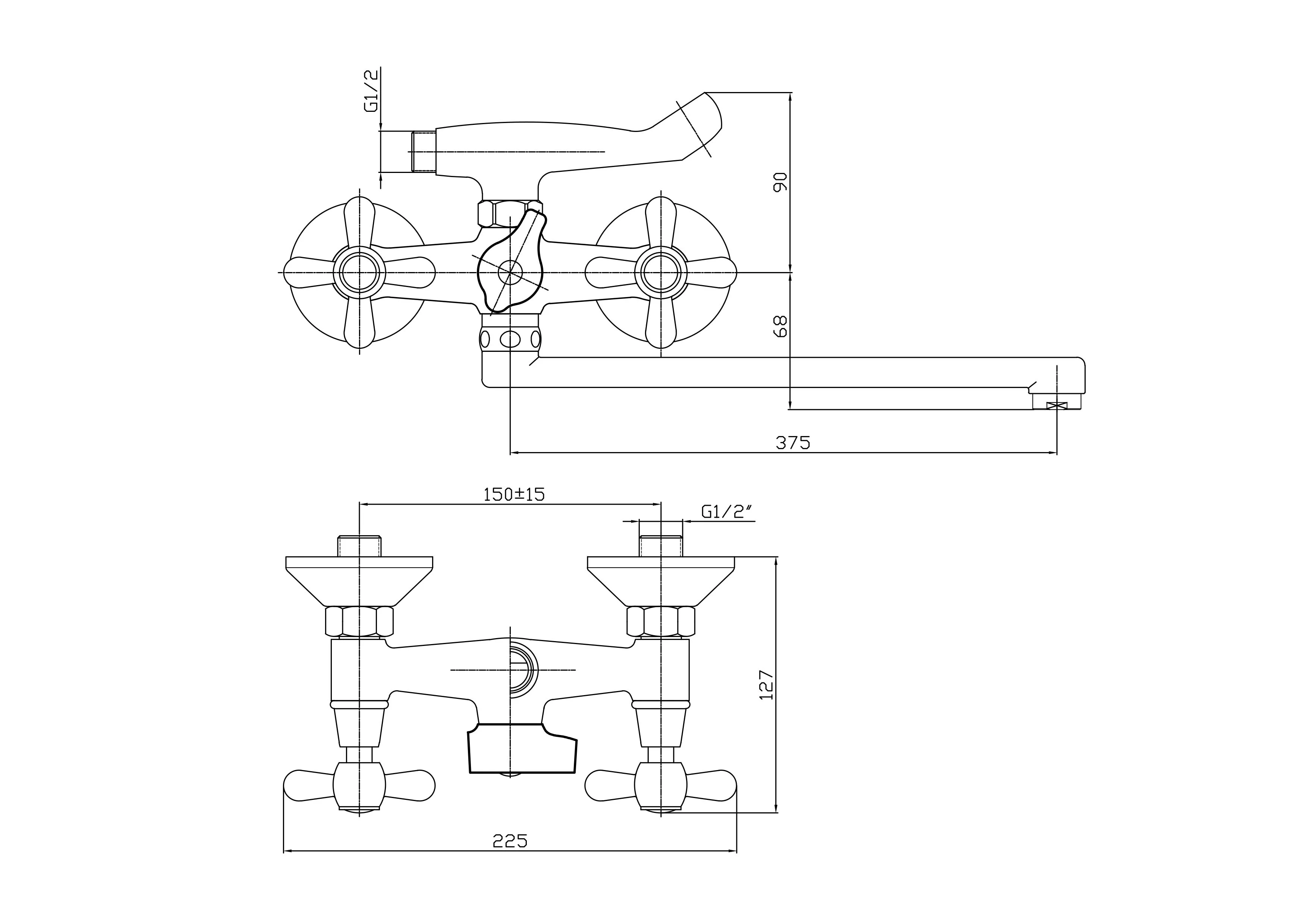 Смеситель двуручковый для ванны длинный излив HAIBA HB2225 Хром
