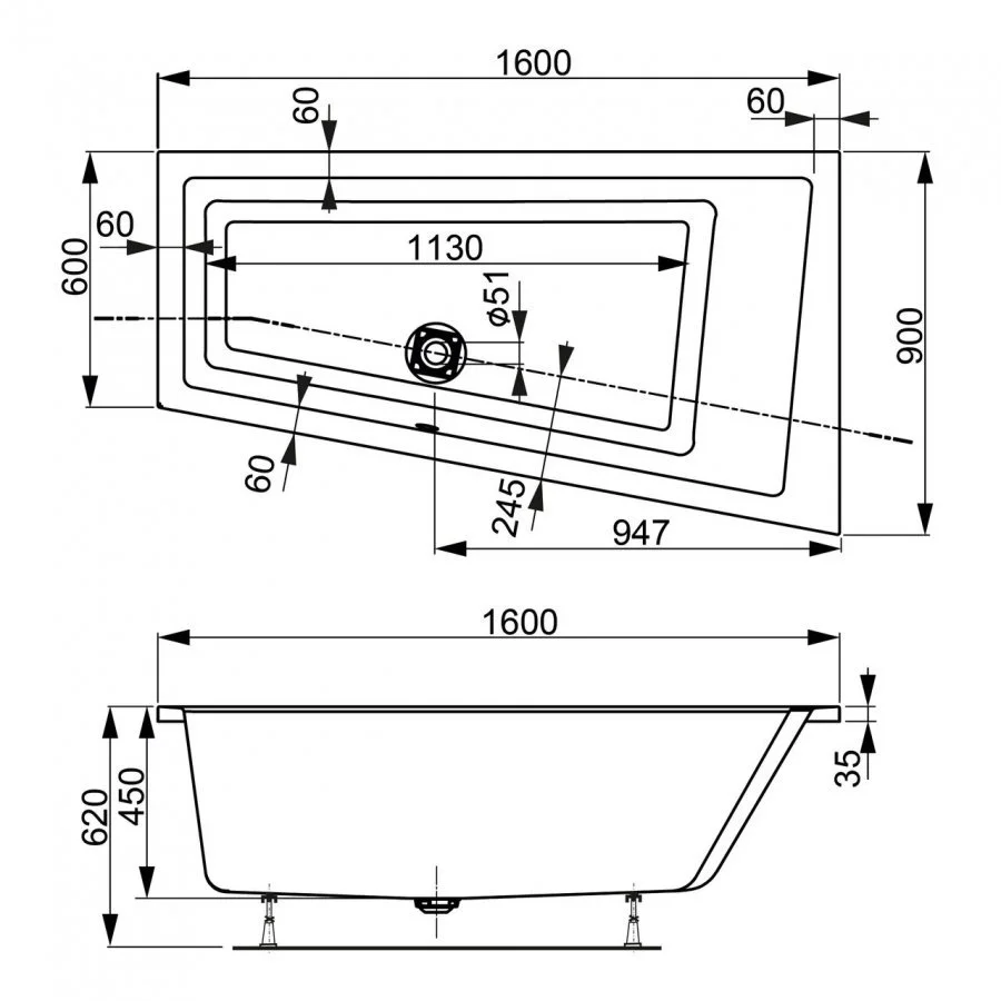 Акриловая ванна VAGNERPLAST CAVALLO OFFSET 160x90 Right