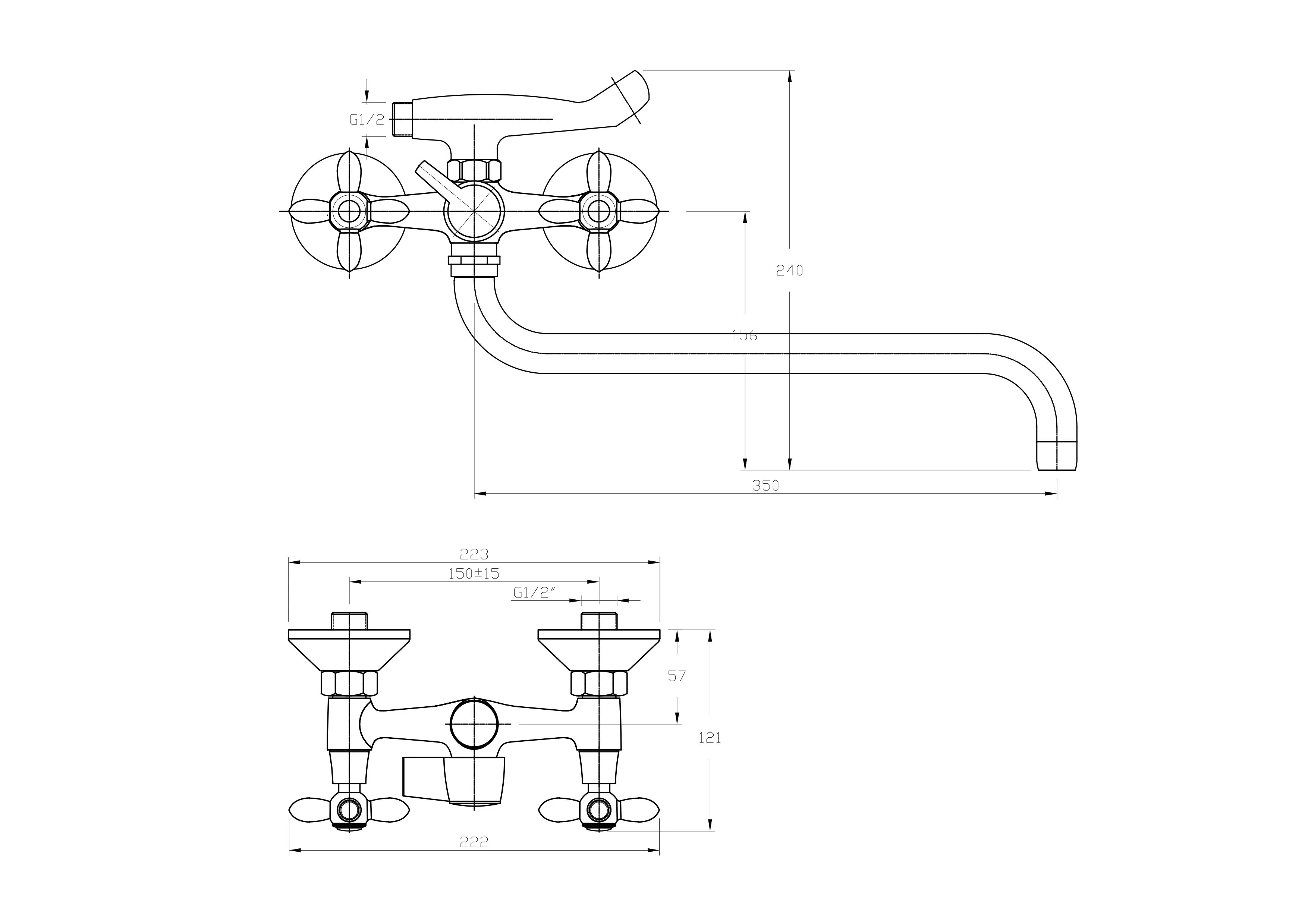 Смеситель двуручковый для ванны с длинным изливом с керамической ручкой HAIBA HB2018 Хром