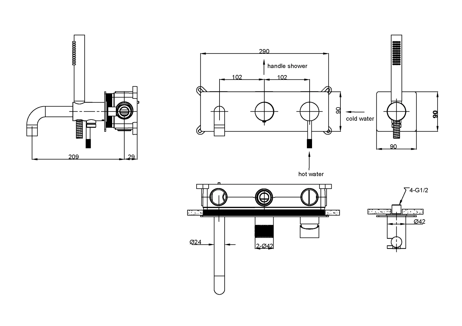 Смеситель встраеваемый с ручным душем и изливом  Boheme UNO 464-3-SGM Gun metal